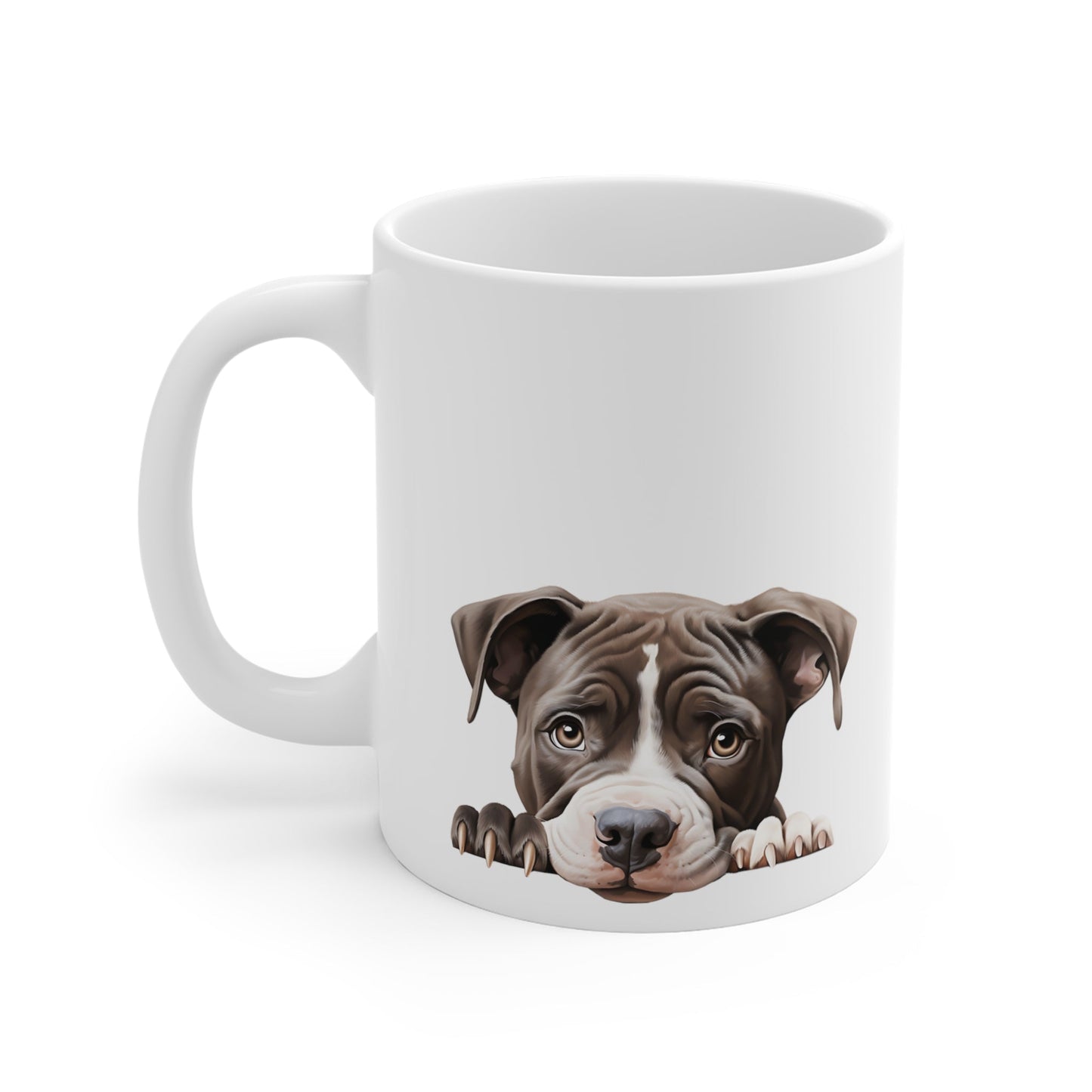 11 oz white ceramic dog mug featuring a peeking American Pitbull puppy — perfect gift for dog mom, dog dad, or animal lovers.