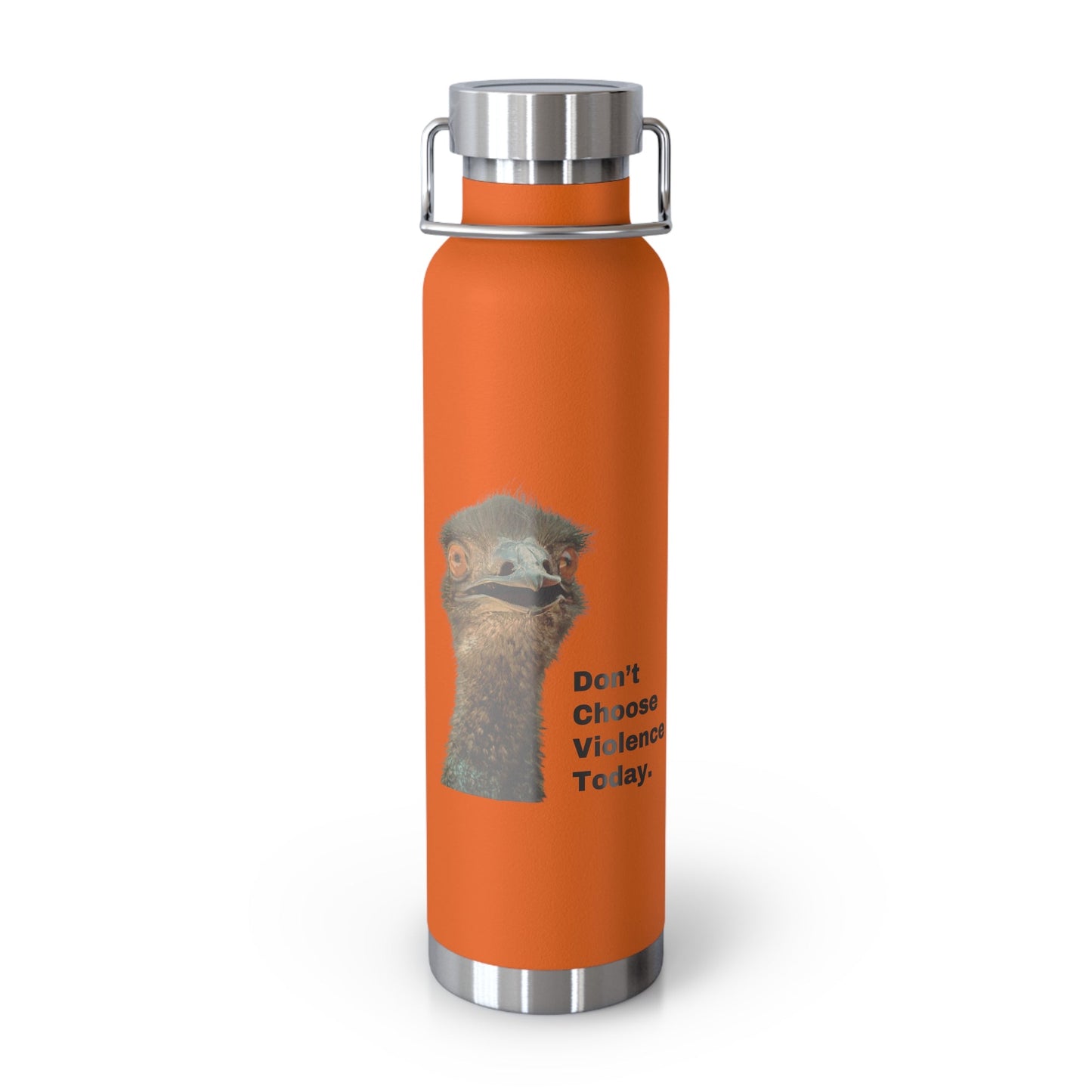 DON'T CHOOSE VIOLENCE Emmanuel the Emu Copper Vacuum Insulated Bottle 22 oz - All The Fauna - Support Animal Shelter Fundraising - Gifts for Animal Lovers