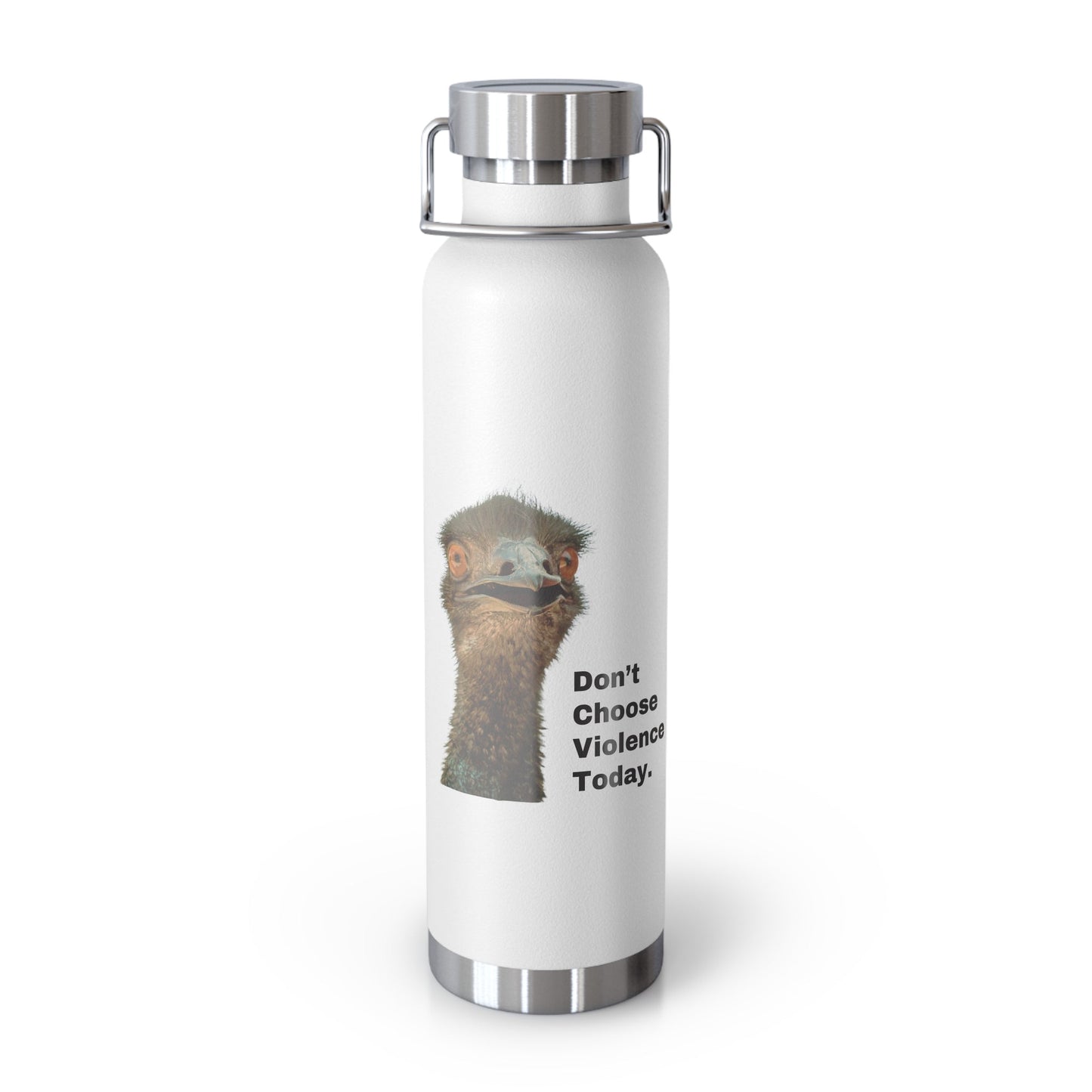 DON'T CHOOSE VIOLENCE Emmanuel the Emu Copper Vacuum Insulated Bottle 22 oz - All The Fauna - Support Animal Shelter Fundraising - Gifts for Animal Lovers