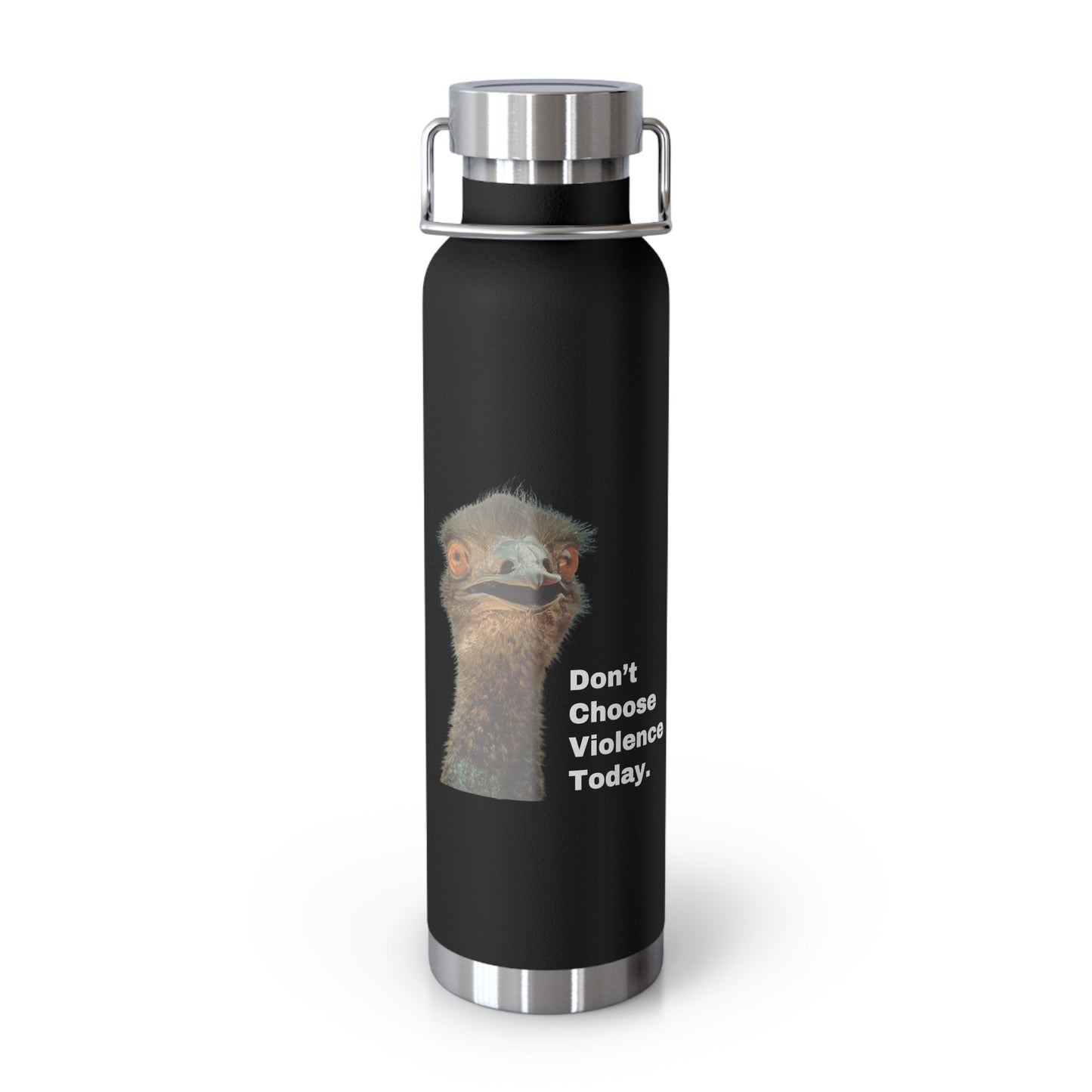 DON'T CHOOSE VIOLENCE Emmanuel the Emu Copper Vacuum Insulated Bottle 22 oz - All The Fauna - Support Animal Shelter Fundraising - Gifts for Animal Lovers