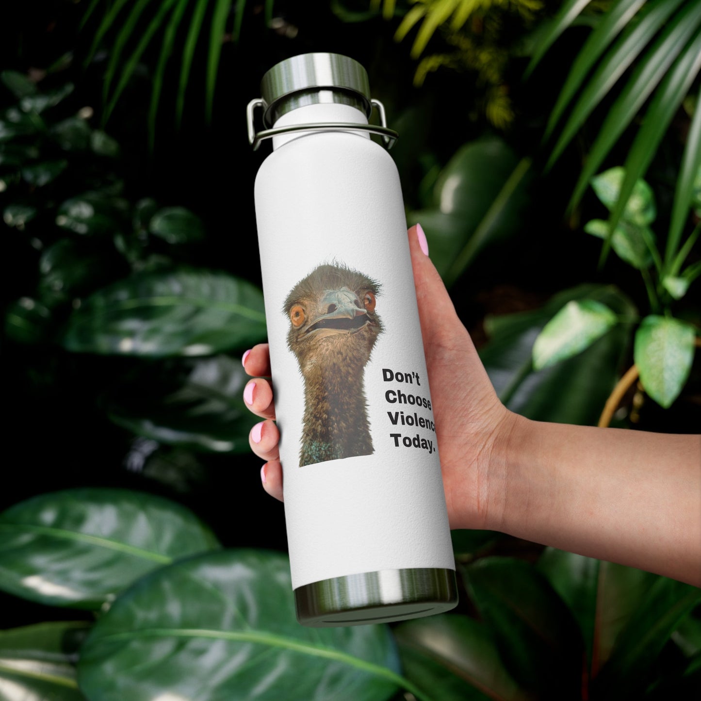 DON'T CHOOSE VIOLENCE Emmanuel the Emu Copper Vacuum Insulated Bottle 22 oz - All The Fauna - Support Animal Shelter Fundraising - Gifts for Animal Lovers