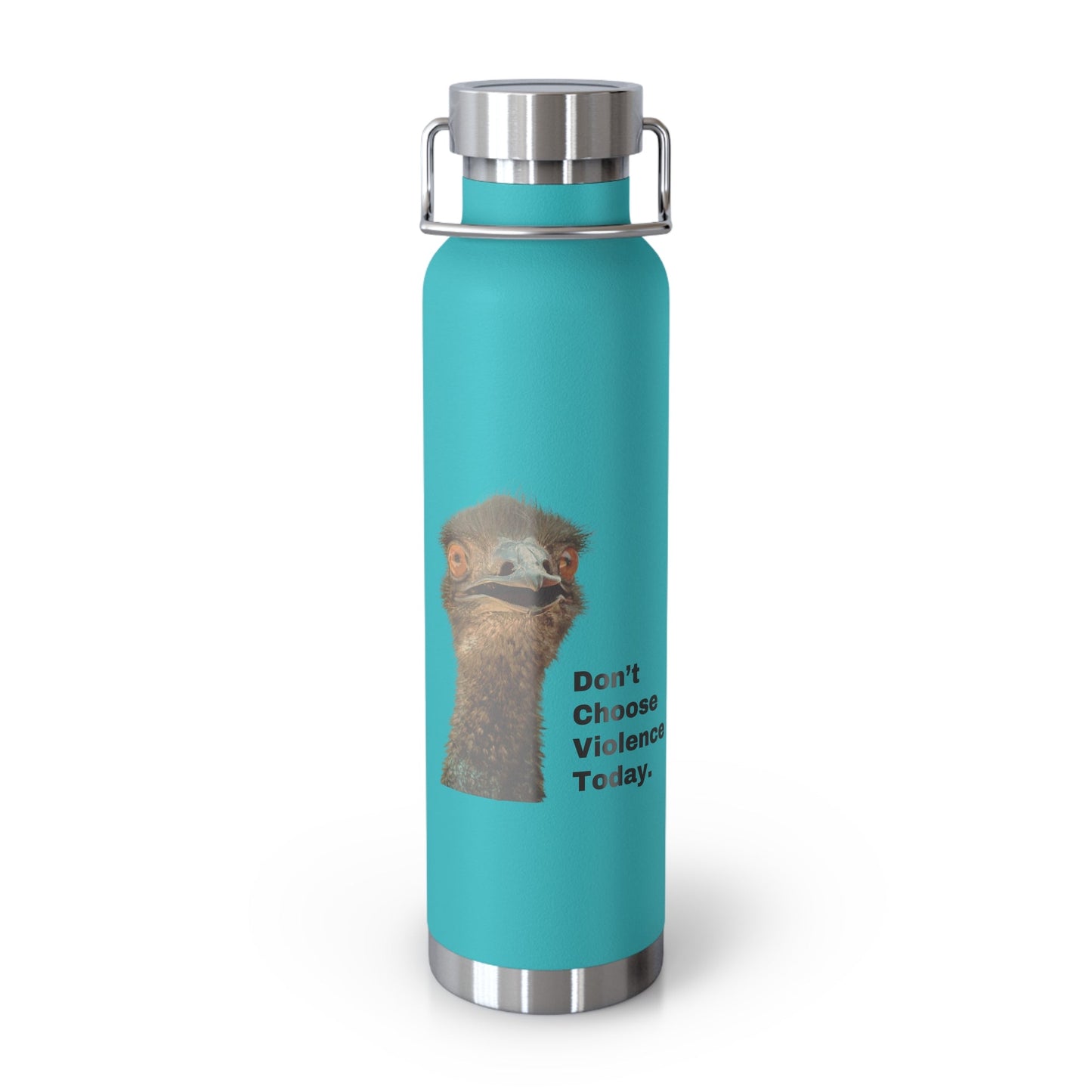 DON'T CHOOSE VIOLENCE Emmanuel the Emu Copper Vacuum Insulated Bottle 22 oz - All The Fauna - Support Animal Shelter Fundraising - Gifts for Animal Lovers