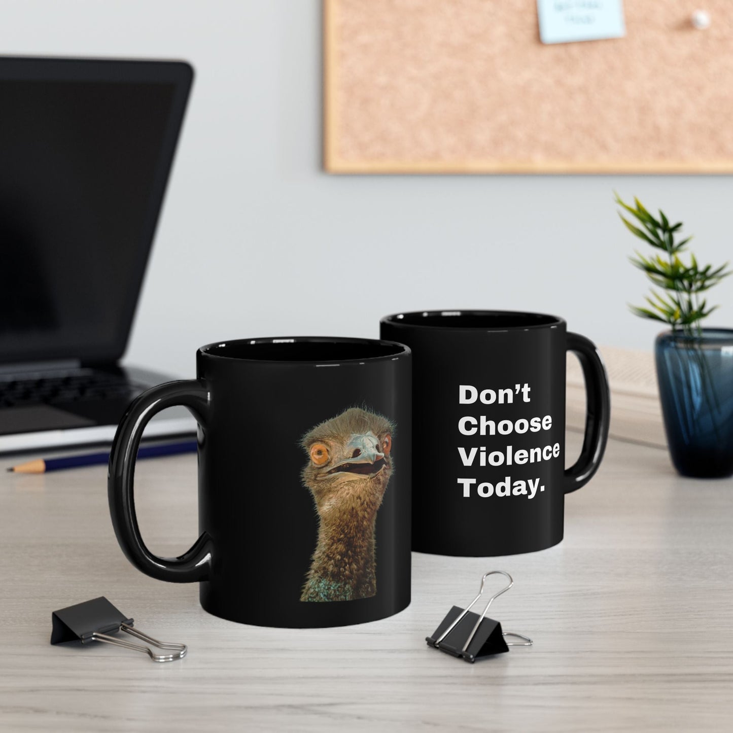 DONT CHOOSE VIOLENCE Emu Black Ceramic Mug 11 oz - All The Fauna - Support Animal Shelter Fundraising - Gifts for Animal Lovers