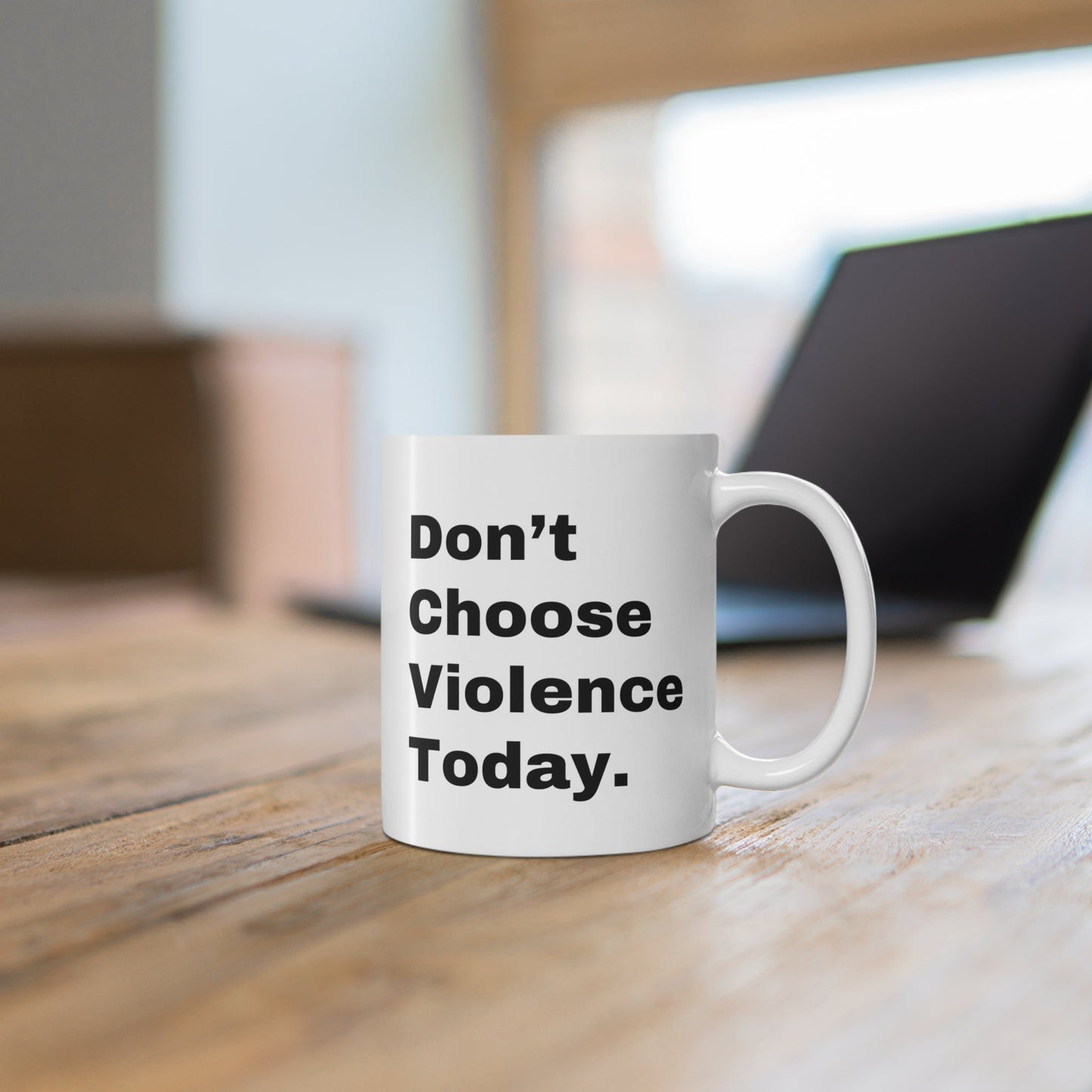 DON'T CHOOSE VIOLENCE Emmanuel the Emu White Mug 11 oz - All The Fauna - Support Animal Shelter Fundraising - Gifts for Animal Lovers