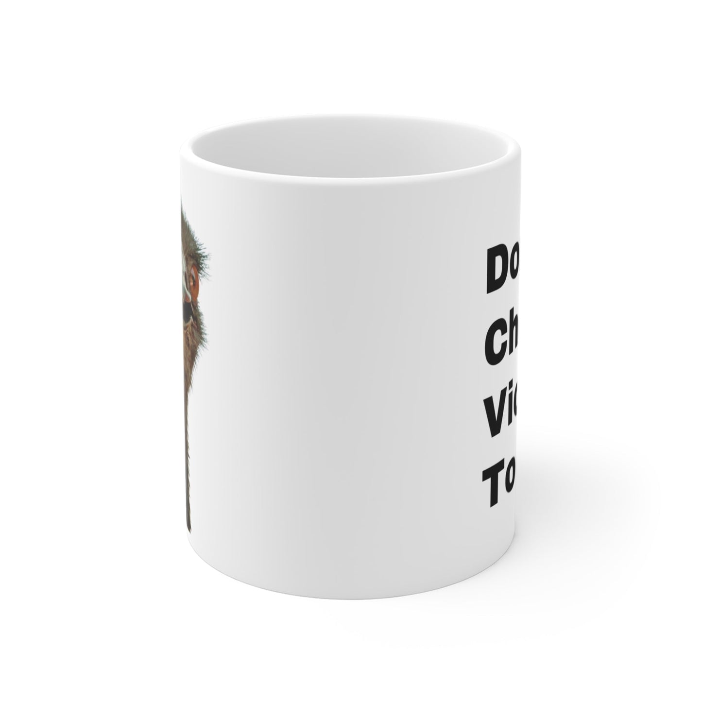 DON'T CHOOSE VIOLENCE Emmanuel the Emu White Mug 11 oz - All The Fauna - Support Animal Shelter Fundraising - Gifts for Animal Lovers