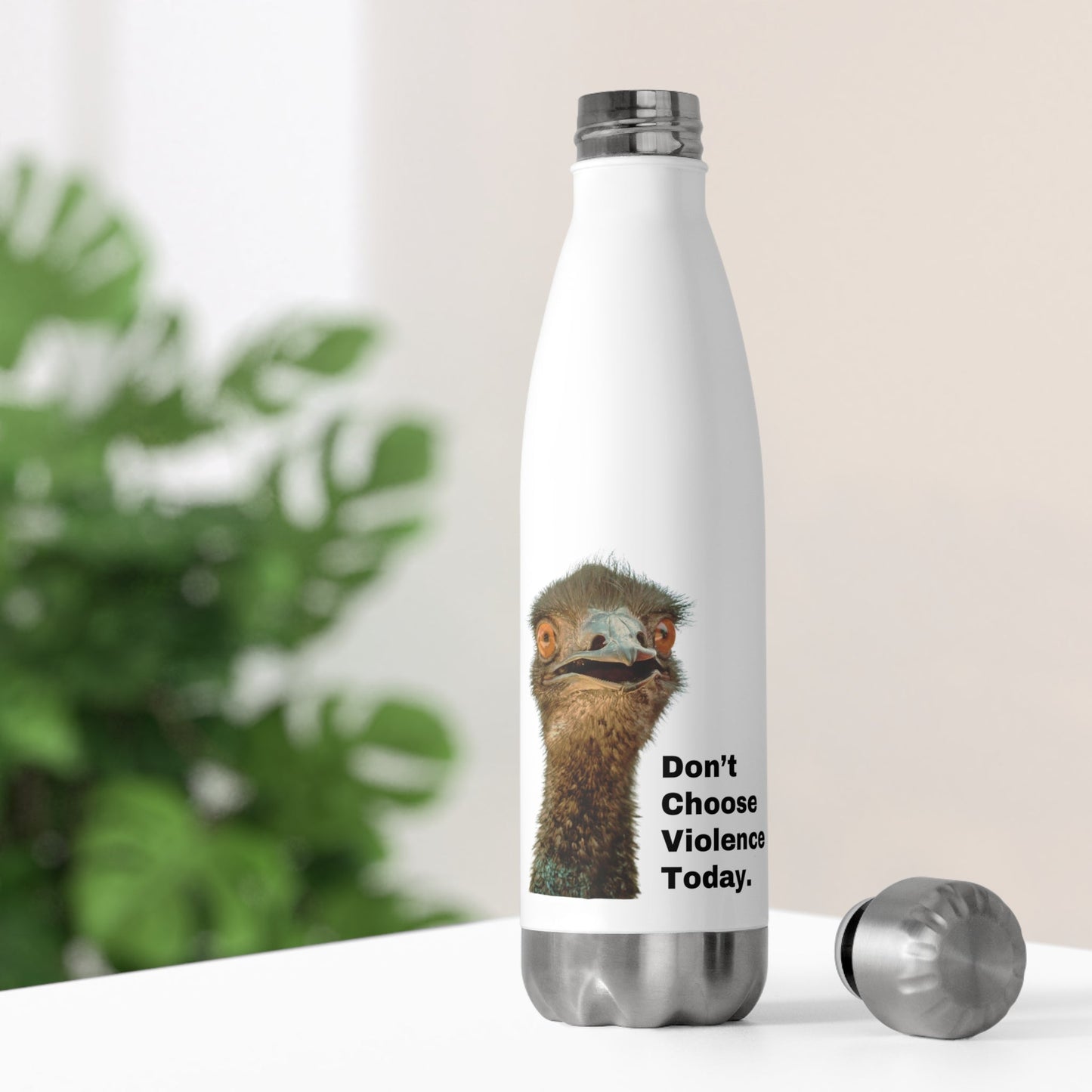 DON'T CHOOSE VIOLENCE TODAY Emmanuel the Emu Insulated Bottle 20 oz - All The Fauna - Support Animal Shelter Fundraising - Gifts for Animal Lovers