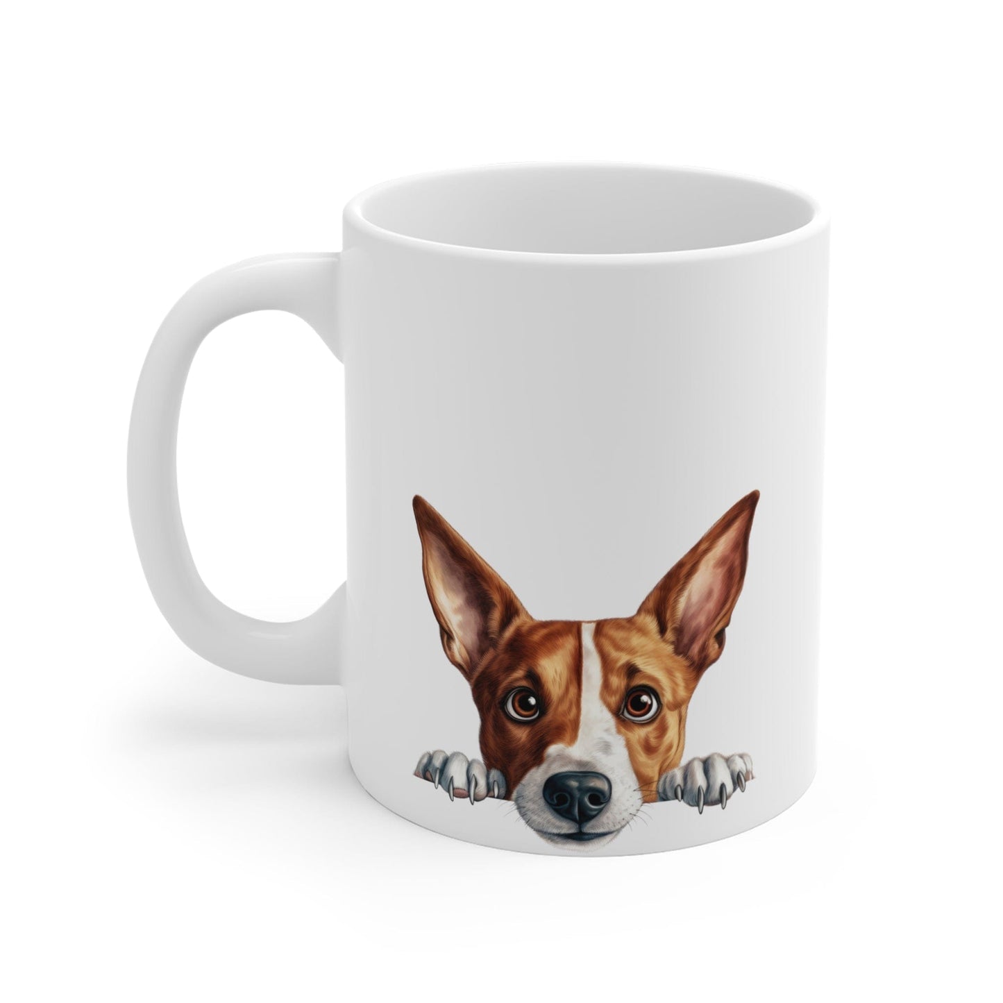 Printify Mugs Peeking Basenji Puppy White Ceramic Dog Mug 11 oz