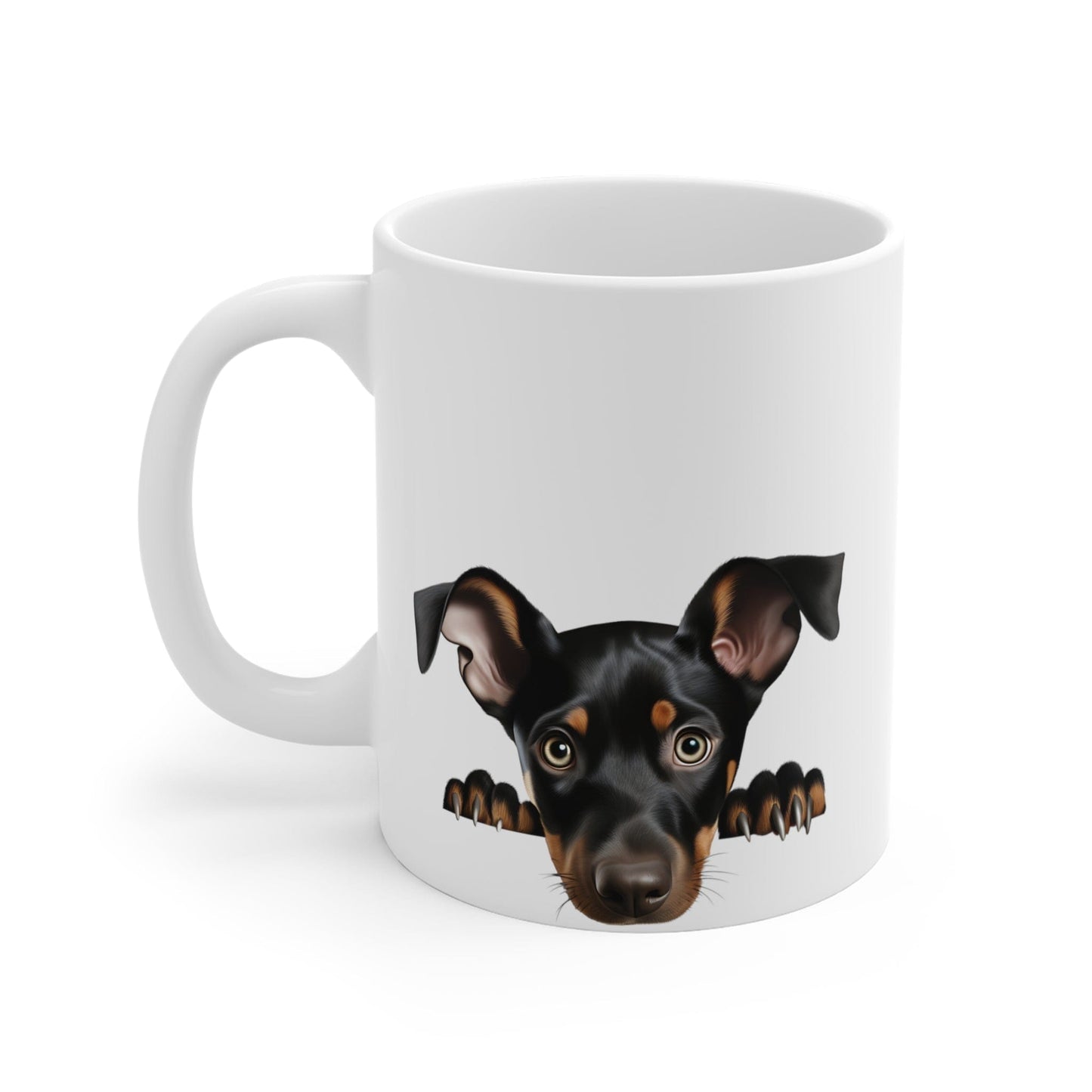 Printify Mugs Peeking Doberman Pinscher Puppy White Ceramic Dog Mug 11 oz
