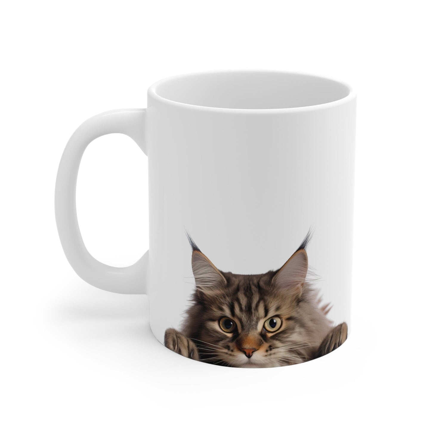 Printify Mugs Peeking Maine Coon White Ceramic Cat Coffee Mug 11 oz