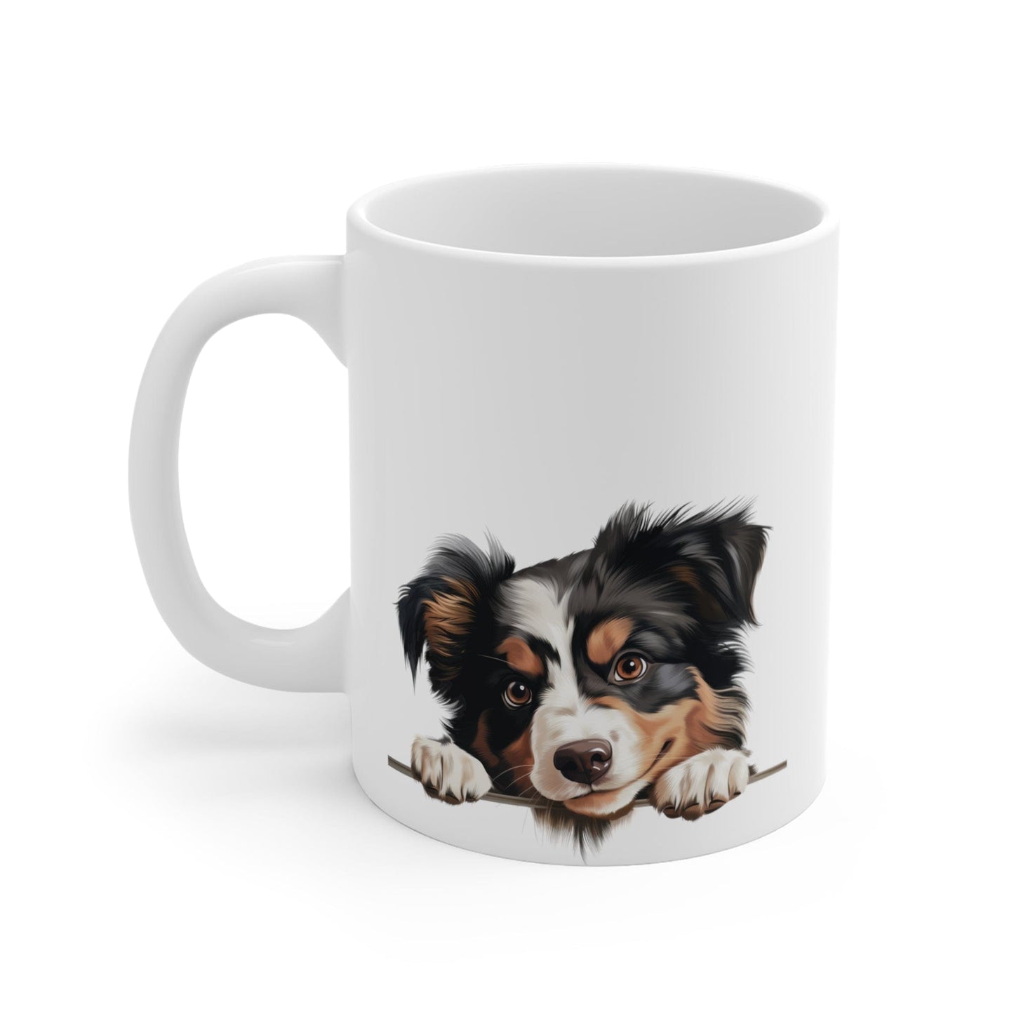 Printify Mugs Peeking Miniature American Shepherd Puppy White Ceramic Dog Mug 11 oz
