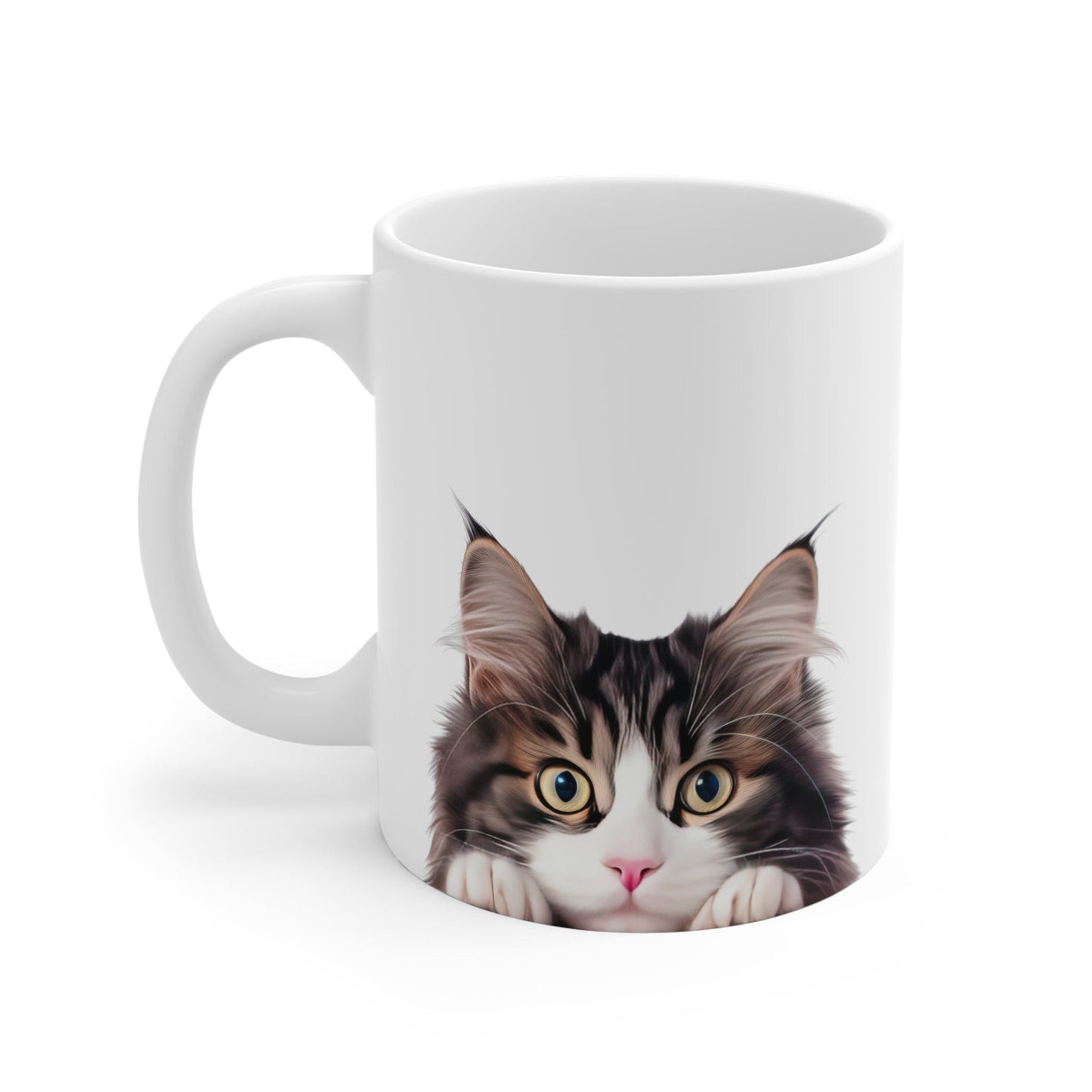 Printify Mugs Peeking Norwegian Forest Cat White Ceramic Cat Coffee Mug 11 oz