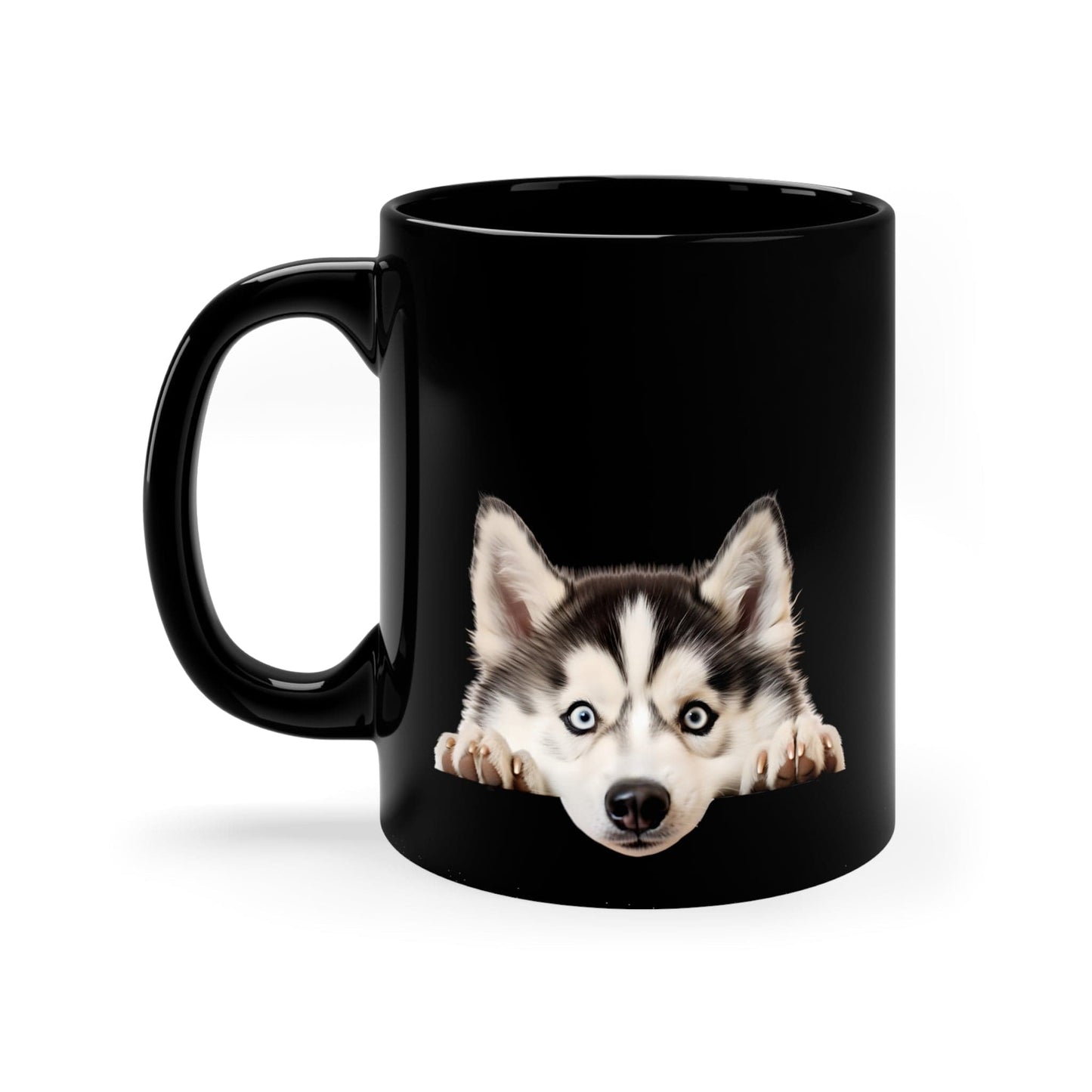 Printify Mugs Peeking Siberian Husky Puppy Black Ceramic Dog Mug 11 oz