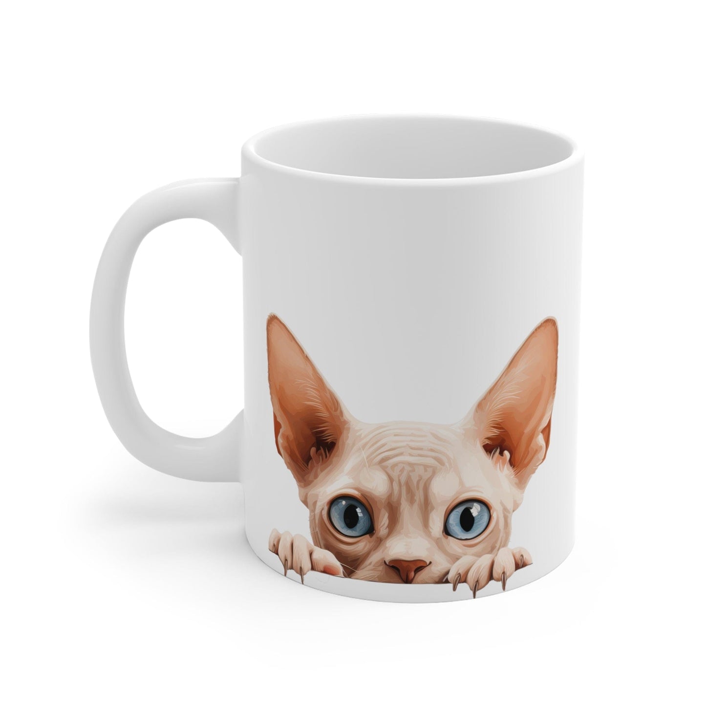Printify Mugs Peeking Sphynx White Ceramic Cat Coffee Mug 11 oz