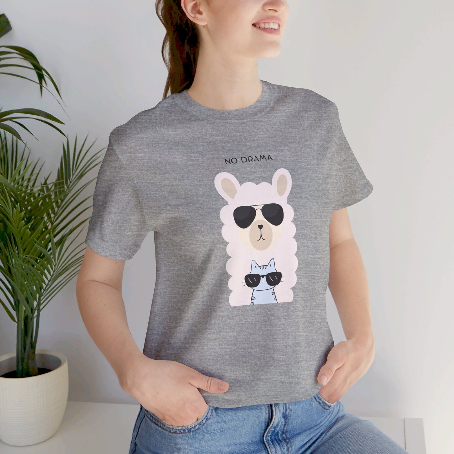 NO DRAMA Llama and Blue Cat Unisex Tee - All The Fauna - Support Animal Shelter Fundraising - Gifts for Animal Lovers