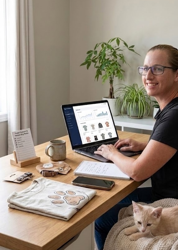 A woman sits at a wooden desk using a laptop, with a folded white t-shirt featuring a paw print graphic on the table in front of her. A small cat rests on a blanket draped over her lap.