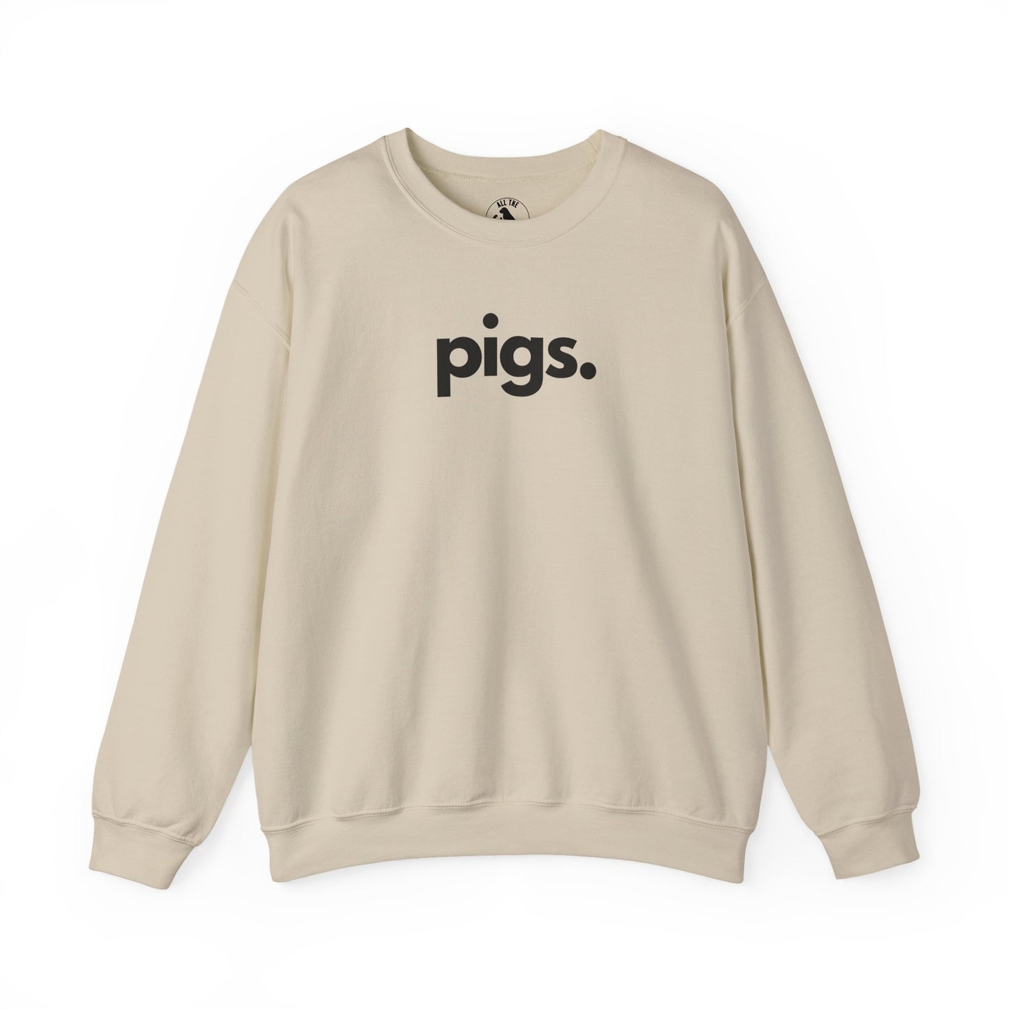 Pigs unisex crewneck sweatshirt in sand - farm animal advocate apparel by Animals, Period. Warm 50/50 cotton-poly brushed fleece, relaxed fit. Pigs outperform dogs in problem-solving and feel complex emotions. Farm animal sanctuaries provide lifelong care for rescued pigs. Every purchase funds no-kill rescues.