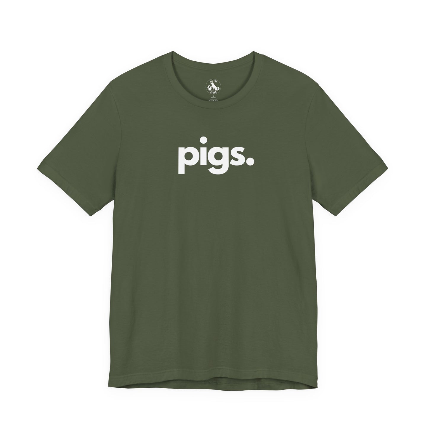 Pigs unisex tee in military green - farm animal advocate apparel by Animals, Period. Soft 100% Airlume combed ring-spun cotton, 4.2 oz, classic crew neck. Pigs outperform dogs in problem-solving and experience complex emotions. Every purchase funds no-kill farm animal rescues and shelters.