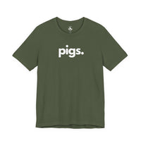 Pigs unisex tee in military green - farm animal advocate apparel by Animals, Period. Soft 100% Airlume combed ring-spun cotton, 4.2 oz, classic crew neck. Pigs outperform dogs in problem-solving and experience complex emotions. Every purchase funds no-kill farm animal rescues and shelters.