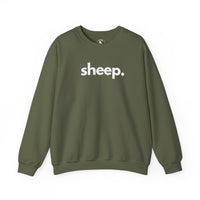 Sheep unisex crewneck sweatshirt in military green - farm animal advocate apparel by Animals, Period. Warm 50/50 cotton-poly brushed fleece, relaxed fit. Sheep recognize up to 50 individual faces and remember them for years. They form strong bonds and show signs of depression when isolated. Every purchase funds no-kill rescues.