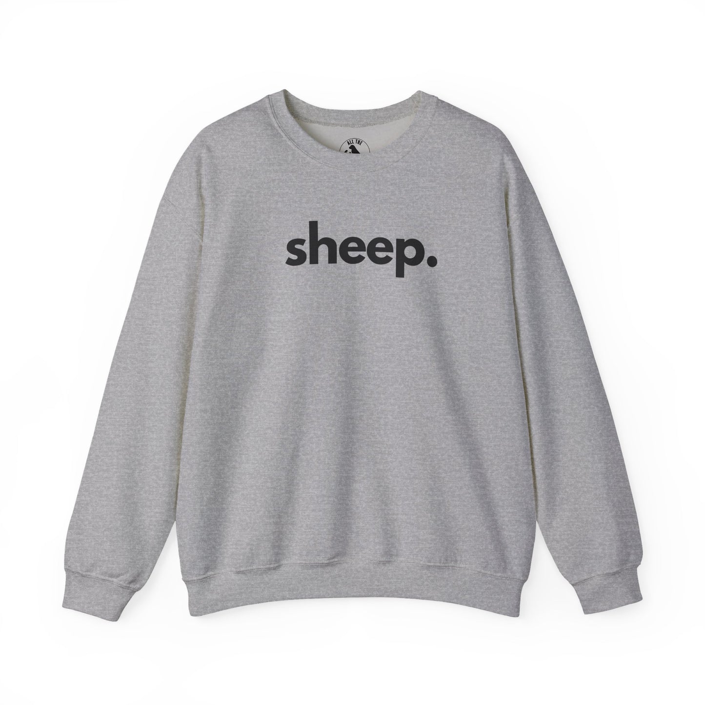 Sheep unisex crewneck sweatshirt in sport grey - farm animal advocate apparel by Animals, Period. Warm 50/50 cotton-poly brushed fleece, relaxed fit. Sheep recognize up to 50 individual faces and remember them for years. They form strong bonds and show signs of depression when isolated. Every purchase funds no-kill rescues.