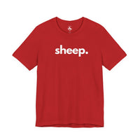Sheep unisex tee in red - farm animal advocate apparel by Animals, Period. Soft 100% Airlume combed ring-spun cotton, 4.2 oz, classic crew neck. Sheep recognize up to 50 individual faces and remember them for years. Every purchase funds no-kill farm animal rescues and shelters.