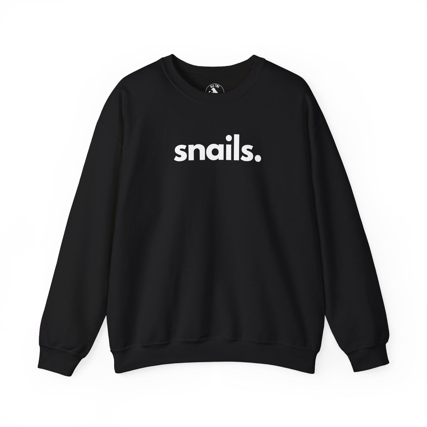 Snails unisex crewneck sweatshirt in black - wildlife apparel by Animals, Period. Warm 50/50 cotton-poly brushed fleece, relaxed fit. Snails have existed for over 500 million years and play a vital role in soil health and ecosystem decomposition. Over 40% of recorded animal extinctions since 1500 have been land snails. Every purchase funds no-kill rescues.