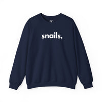 Snails unisex crewneck sweatshirt in navy - wildlife apparel by Animals, Period. Warm 50/50 cotton-poly brushed fleece, relaxed fit. Snails have existed for over 500 million years and play a vital role in soil health and ecosystem decomposition. Over 40% of recorded animal extinctions since 1500 have been land snails. Every purchase funds no-kill rescues.