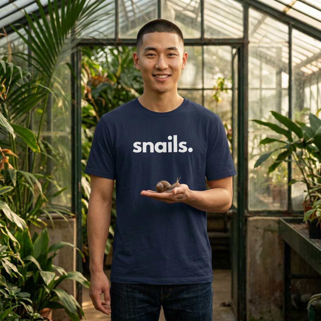 Model wearing snails unisex tee - wildlife advocate gift supporting no-kill rescues by Animals, Period. Snails have navigated this planet for 500 million years and are among the most endangered animal groups on earth. Soft 100% Airlume cotton, classic crew neck. Every purchase gives back.