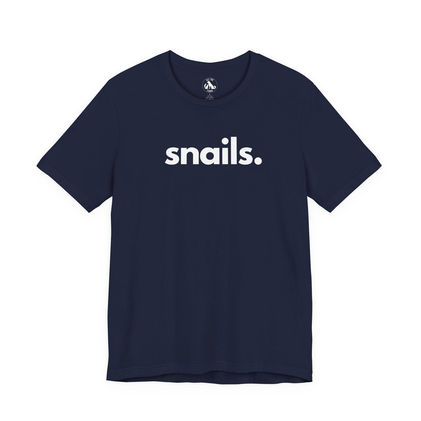 Snails unisex tee in navy blue - wildlife advocate apparel by Animals, Period. Soft 100% Airlume combed ring-spun cotton, 4.2 oz, classic crew neck. Snails have existed for 500 million years. Over 40% of all recorded animal extinctions since 1500 have been land snails. Every purchase funds no-kill rescues.