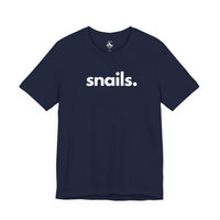 Snails unisex tee in navy blue - wildlife advocate apparel by Animals, Period. Soft 100% Airlume combed ring-spun cotton, 4.2 oz, classic crew neck. Snails have existed for 500 million years. Over 40% of all recorded animal extinctions since 1500 have been land snails. Every purchase funds no-kill rescues.