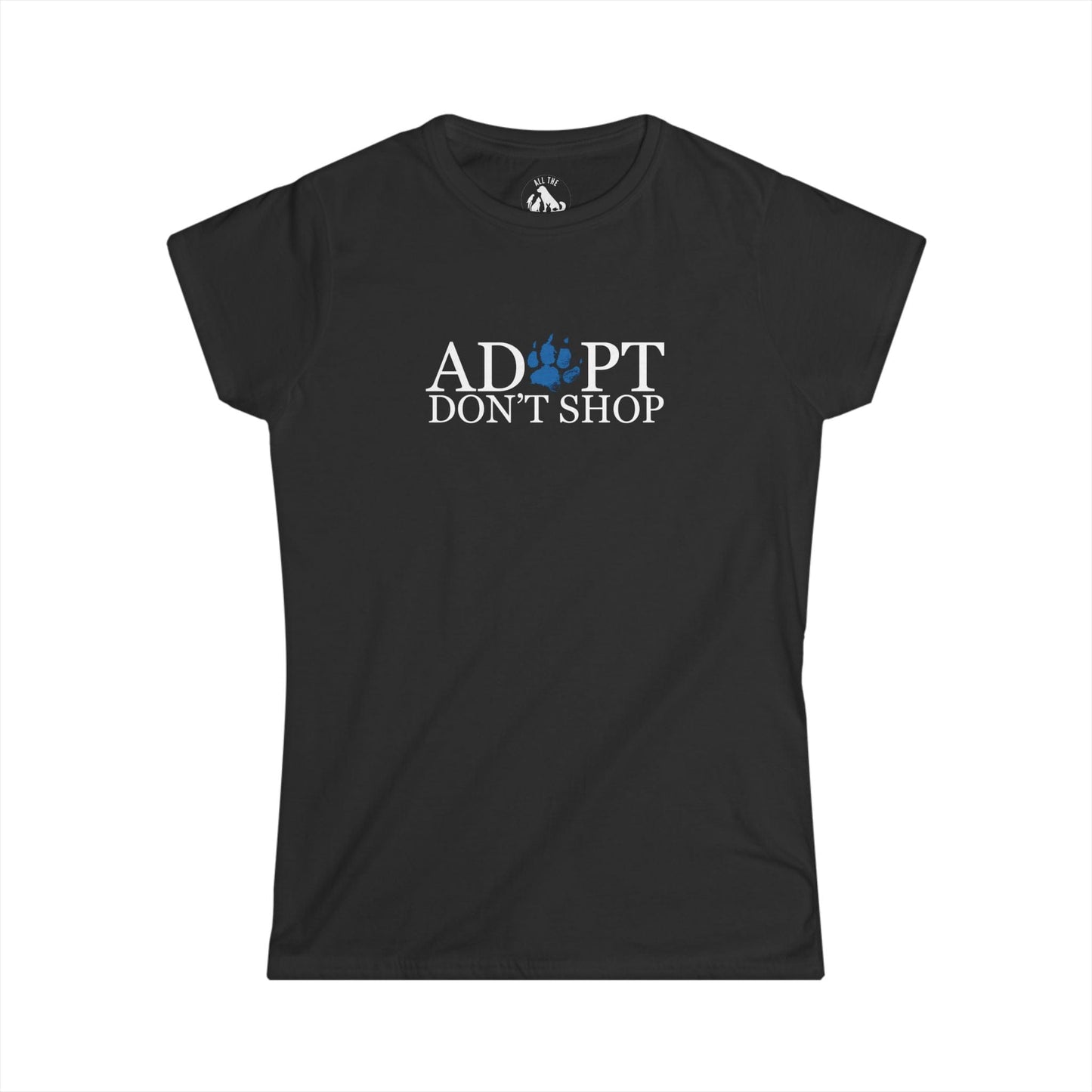 Printify T-Shirts Black / S Adopt Don't Shop Blue Paw Women's Softstyle Tee
