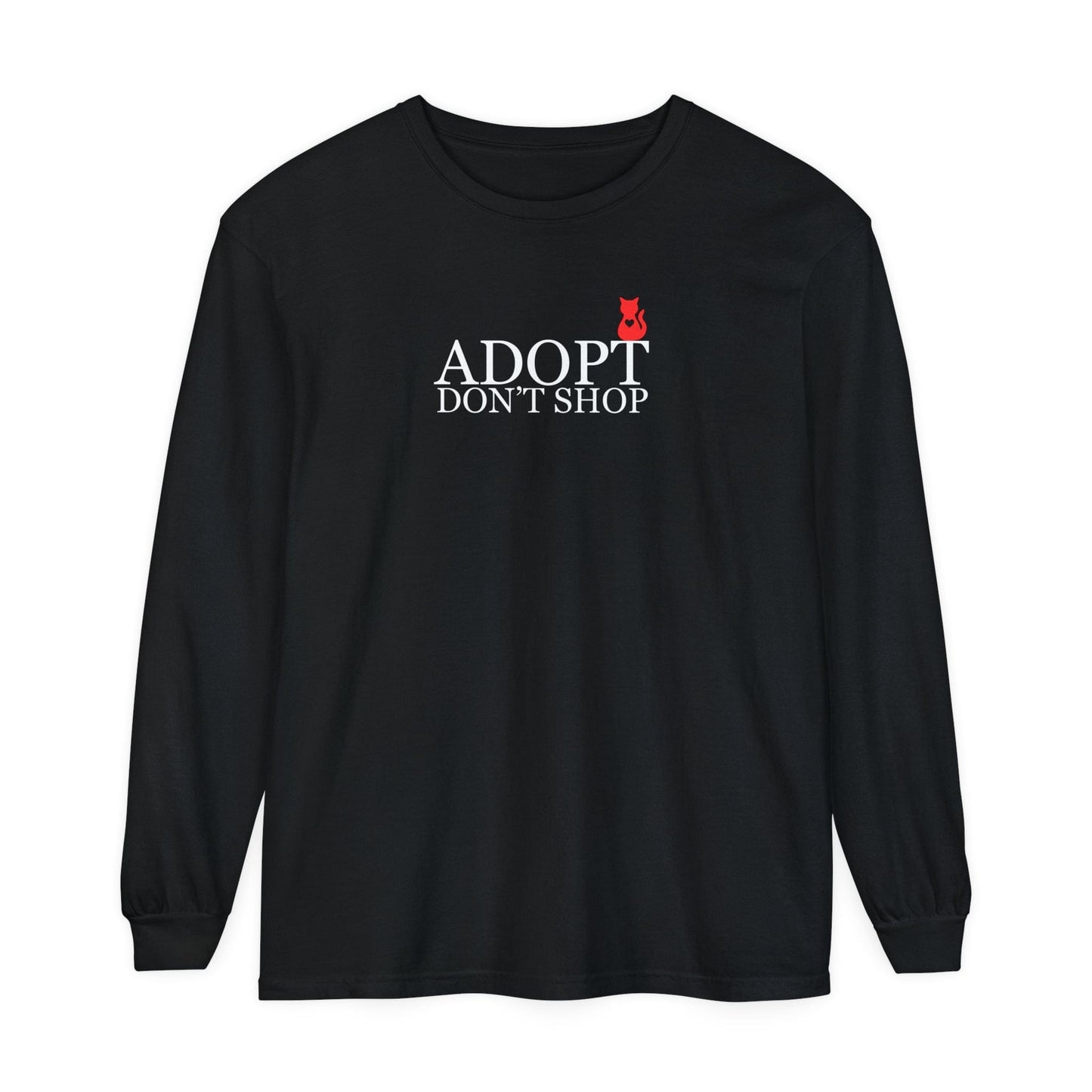 Printify T-Shirts Black / S Adopt, Don't Shop Red Cat Unisex Long Sleeve Tee