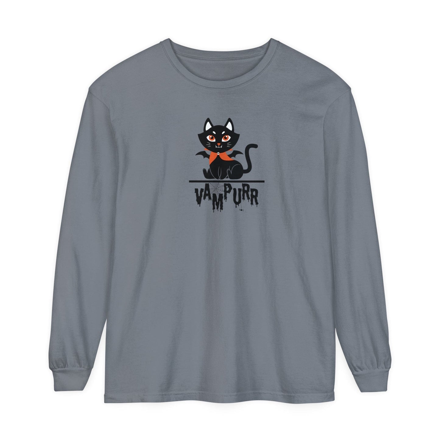 Printify T-Shirts Granite / S VAMPURR Black Cat Unisex Long Sleeve Halloween Tee