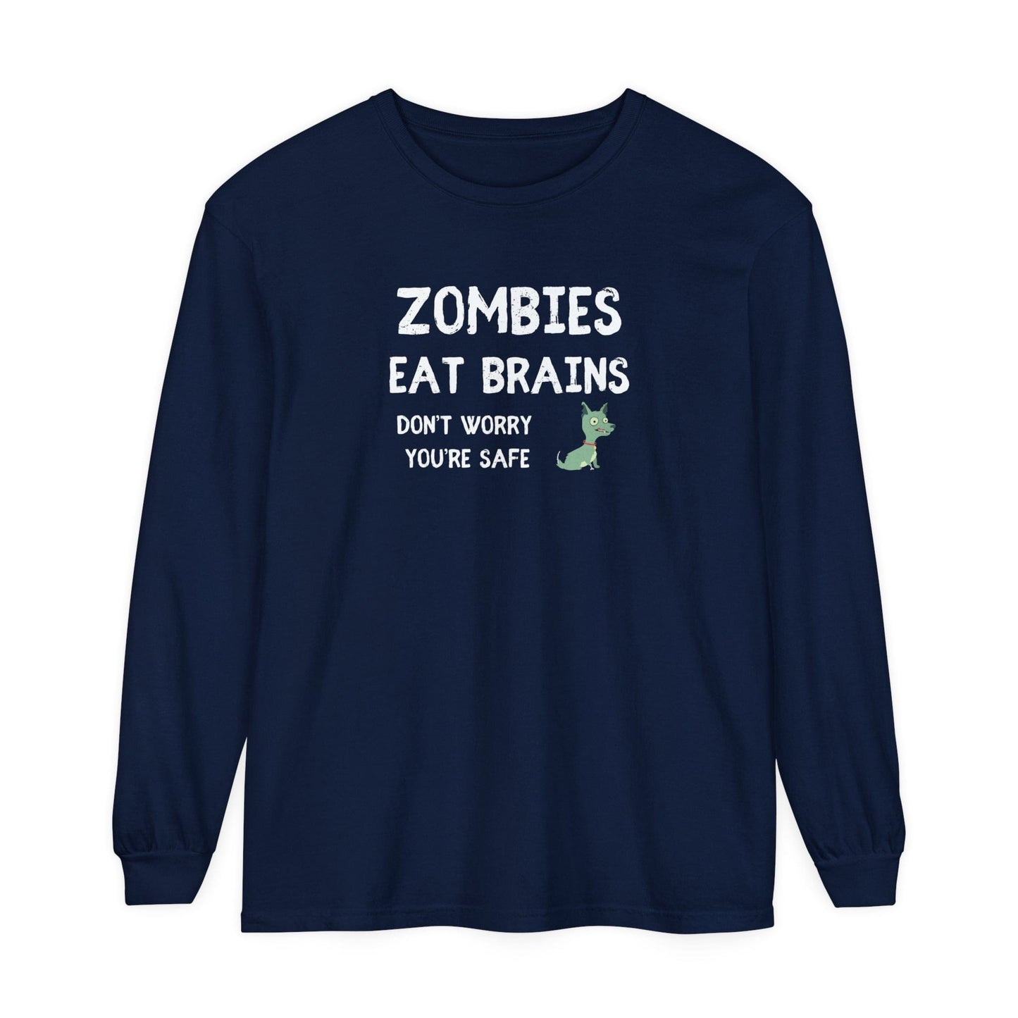 Printify T-Shirts True Navy / S ZOMBIES EAT BRAINS Dog Unisex Long Sleeve Halloween Tee