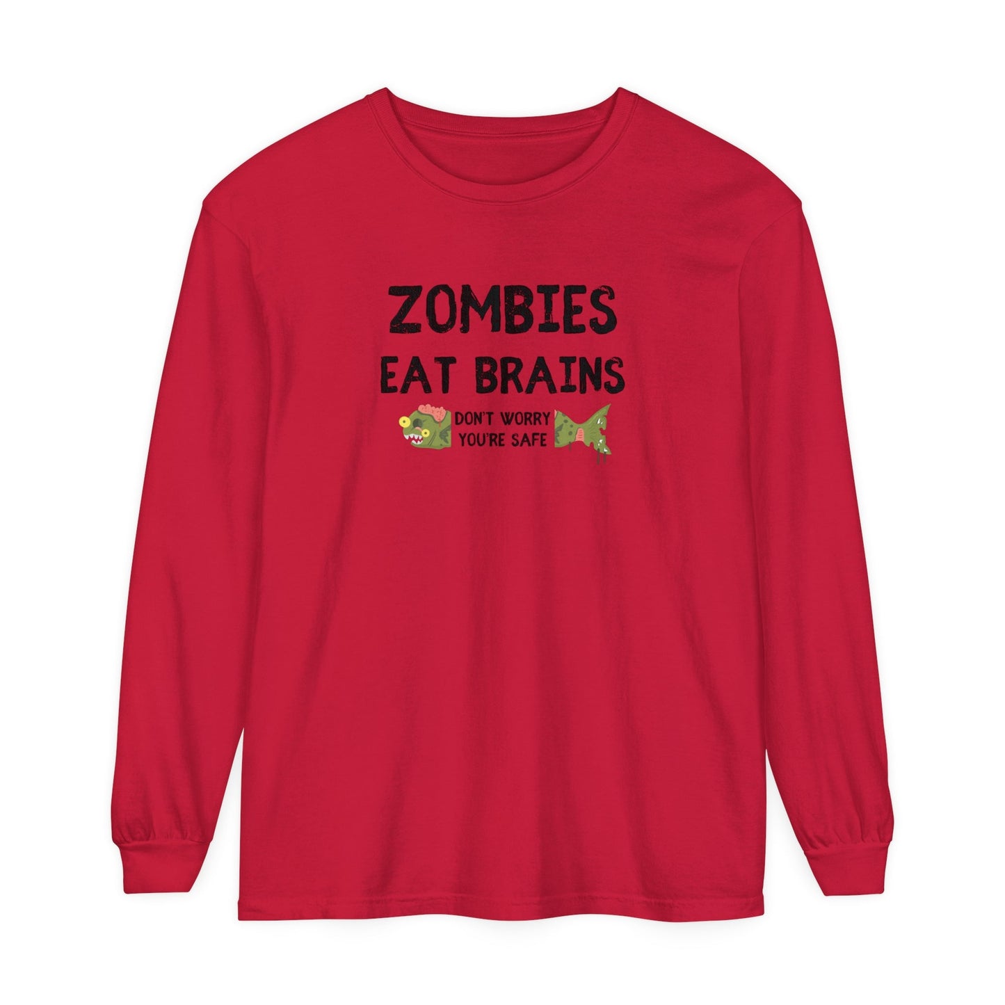 ZOMBIES EAT BRAINS Fish Unisex Long Sleeve Halloween Tee - All The Fauna - Support Animal Shelter Fundraising - Gifts for Animal Lovers