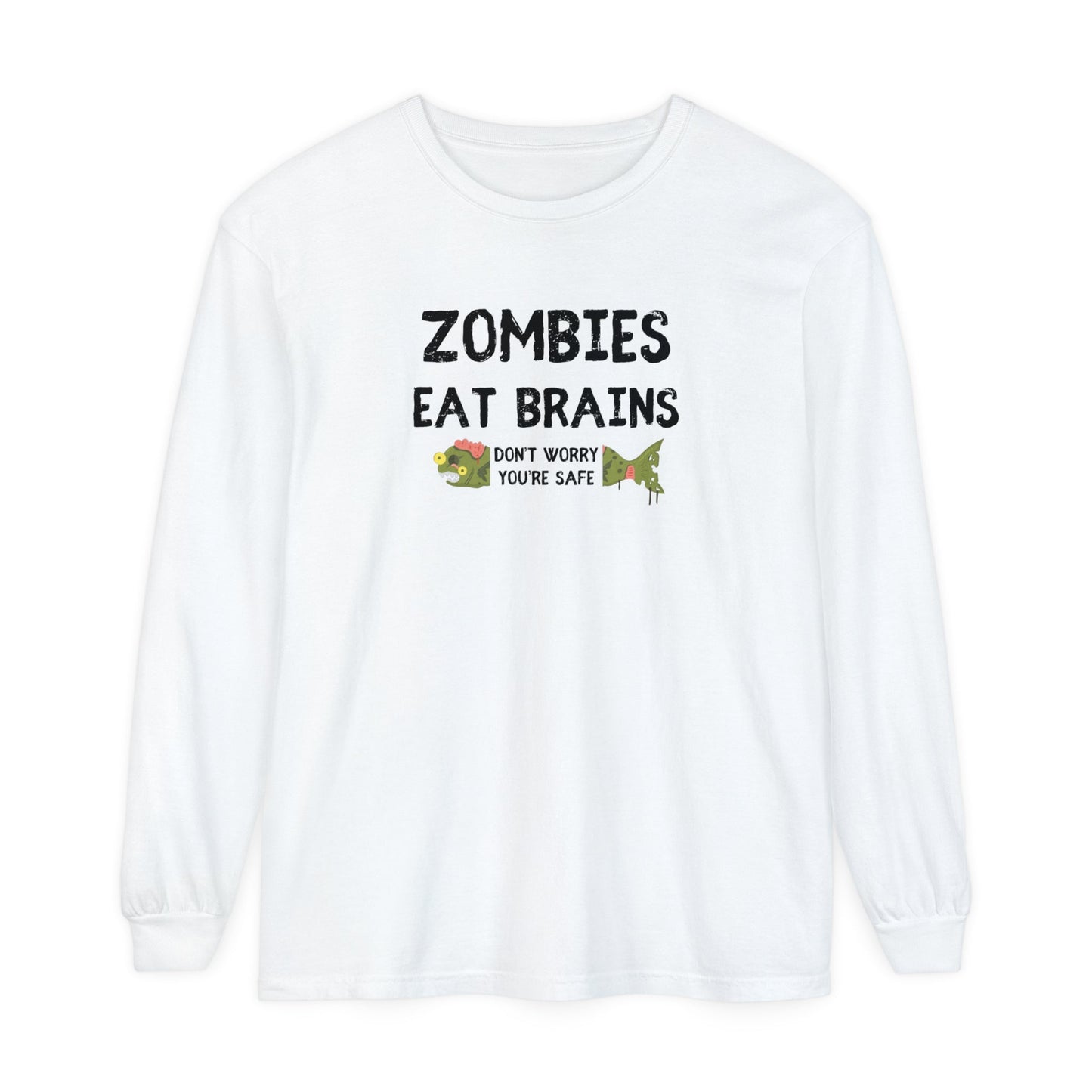 ZOMBIES EAT BRAINS Fish Unisex Long Sleeve Halloween Tee - All The Fauna - Support Animal Shelter Fundraising - Gifts for Animal Lovers