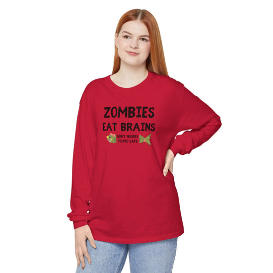 ZOMBIES EAT BRAINS Fish Unisex Long Sleeve Halloween Tee - All The Fauna - Support Animal Shelter Fundraising - Gifts for Animal Lovers