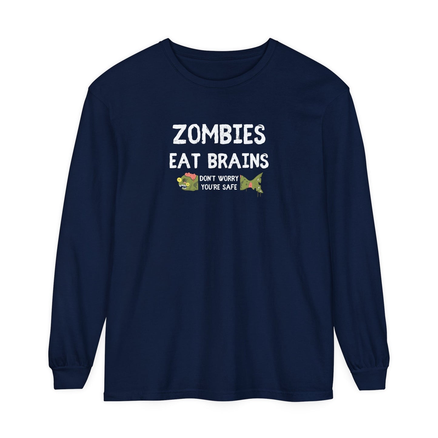 ZOMBIES EAT BRAINS Fish Unisex Long Sleeve Halloween Tee - All The Fauna - Support Animal Shelter Fundraising - Gifts for Animal Lovers