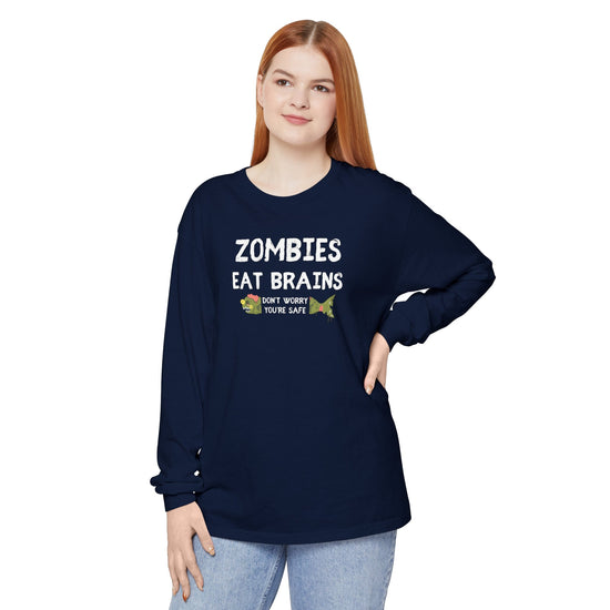 ZOMBIES EAT BRAINS Fish Unisex Long Sleeve Halloween Tee - All The Fauna - Support Animal Shelter Fundraising - Gifts for Animal Lovers